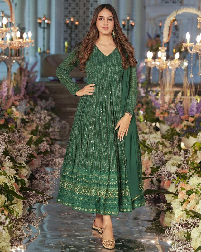 Green Faux Georgette Embroidered Gown with Dupatta