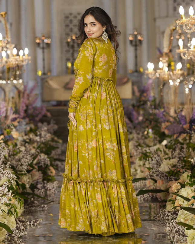 Olive Green Chinnon Printed Plus Size IndoWestern