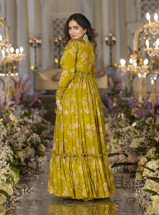 Olive Green Chinnon Printed Plus Size IndoWestern