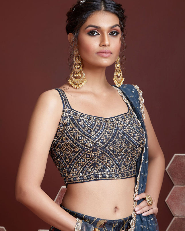 Astonishing Midnight Blue Chinnon Silk Embroidered Wedding Lehenga Choli