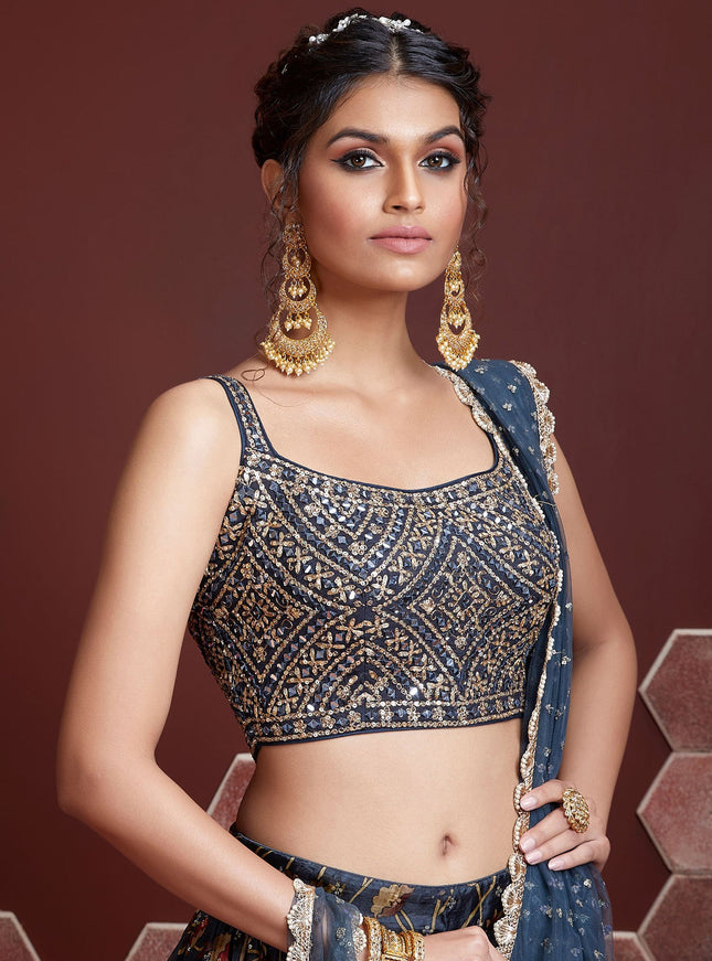 Astonishing Midnight Blue Chinnon Silk Embroidered Wedding Lehenga Choli