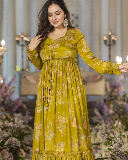 Olive Green Chinnon Printed Plus Size IndoWestern