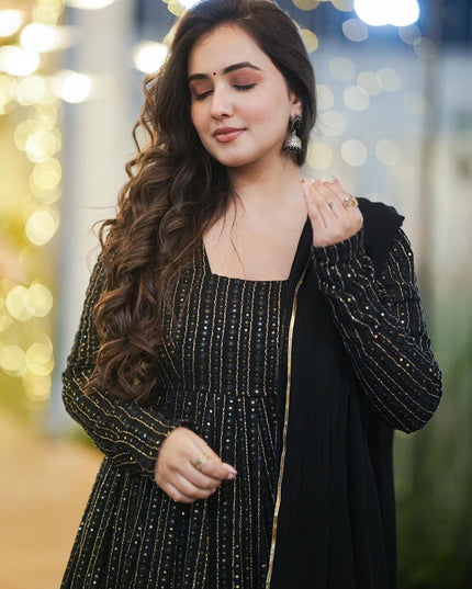 Black Faux Georgette Embroidered Gown with Dupatta