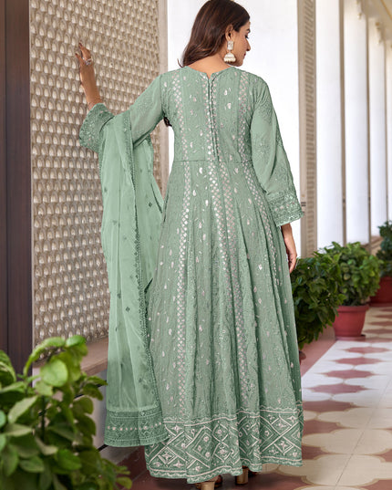 Mint Green Faux Georgette Embroidered Pant Kameez