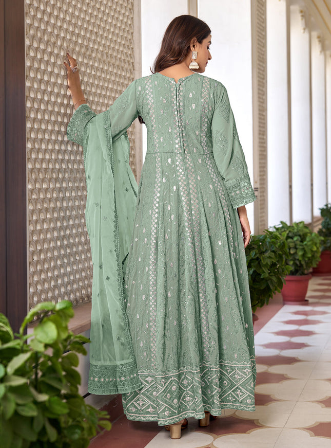 Mint Green Faux Georgette Embroidered Pant Kameez