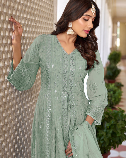 Mint Green Faux Georgette Embroidered Pant Kameez
