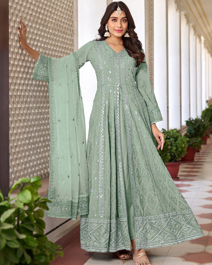 Mint Green Faux Georgette Embroidered Pant Kameez