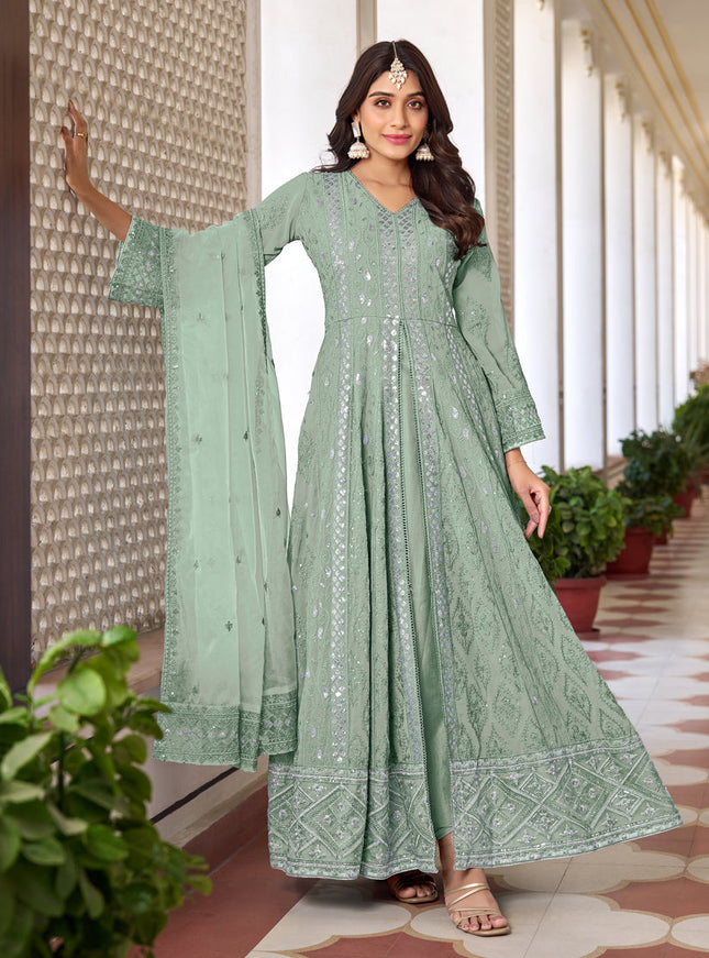 Mint Green Faux Georgette Embroidered Pant Kameez