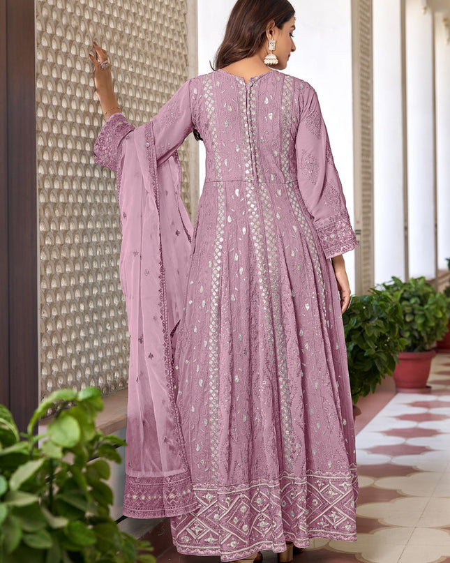 Carnation Pink Faux Georgette Embroidered Pant Kameez