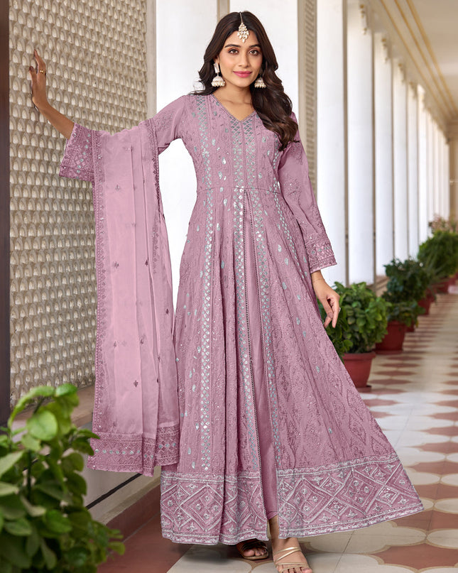 Carnation Pink Faux Georgette Embroidered Pant Kameez