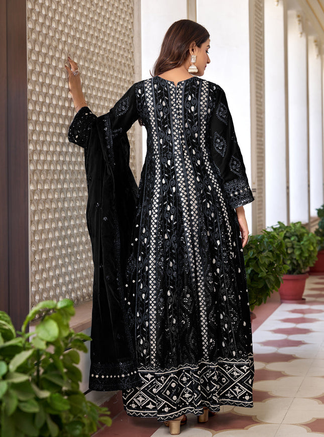 Black Faux Georgette Embroidered Pant Kameez