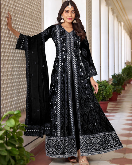 Black Faux Georgette Embroidered Pant Kameez