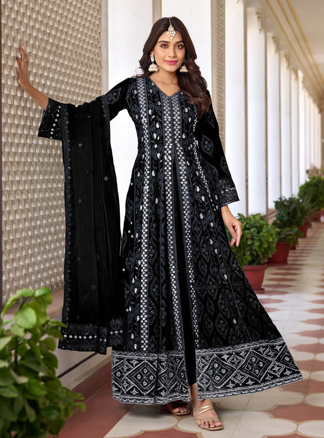 Black Faux Georgette Embroidered Pant Kameez
