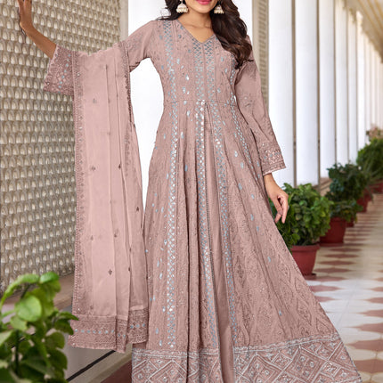 Dusty Beige Faux Georgette Embroidered Pant Kameez