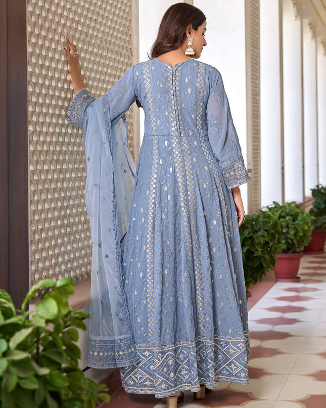 Periwinkle Faux Georgette Embroidered Pant Kameez
