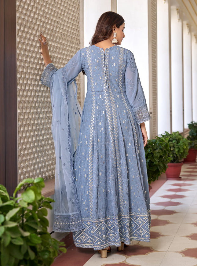 Periwinkle Faux Georgette Embroidered Pant Kameez