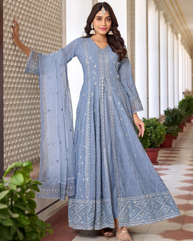 Periwinkle Faux Georgette Embroidered Pant Kameez