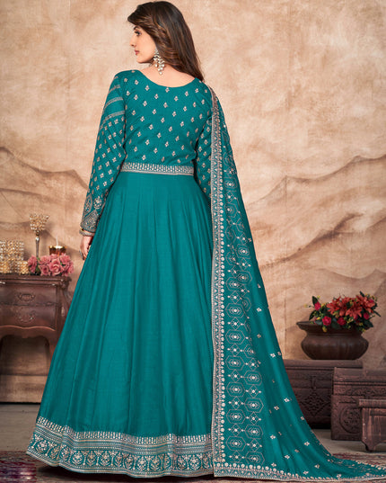 Teal Blue Art Silk Embroidered Anarkali Suit