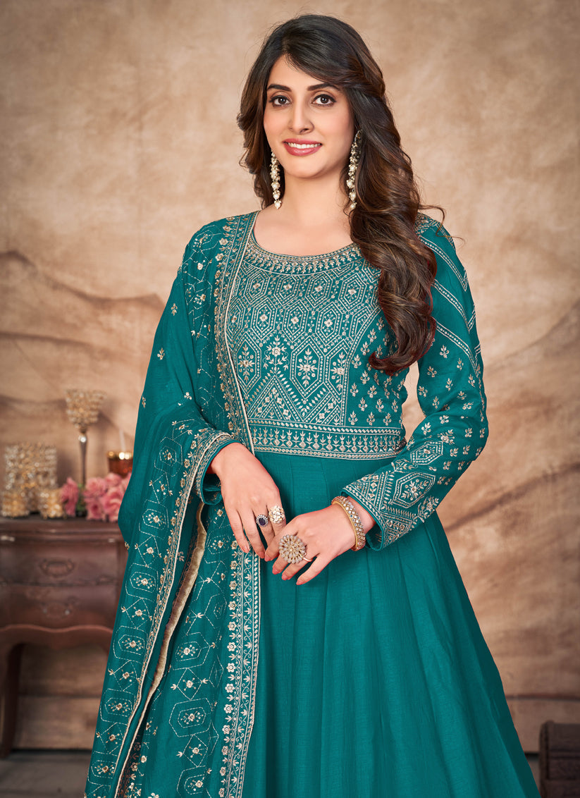 Teal Blue Art Silk Embroidered Anarkali Suit