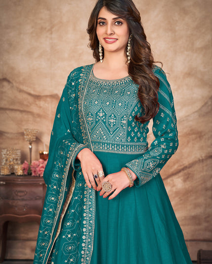 Teal Blue Art Silk Embroidered Anarkali Suit