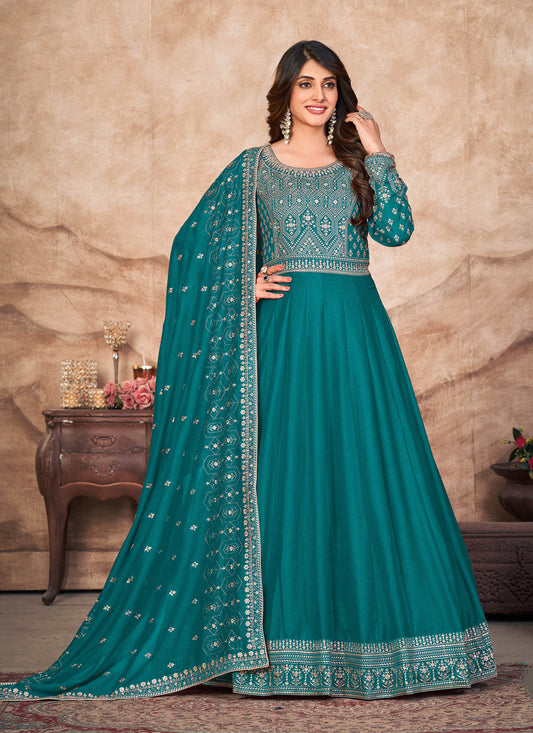 Teal Blue Art Silk Embroidered Anarkali Suit