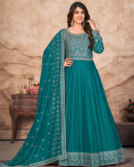 Teal Blue Art Silk Embroidered Anarkali Suit