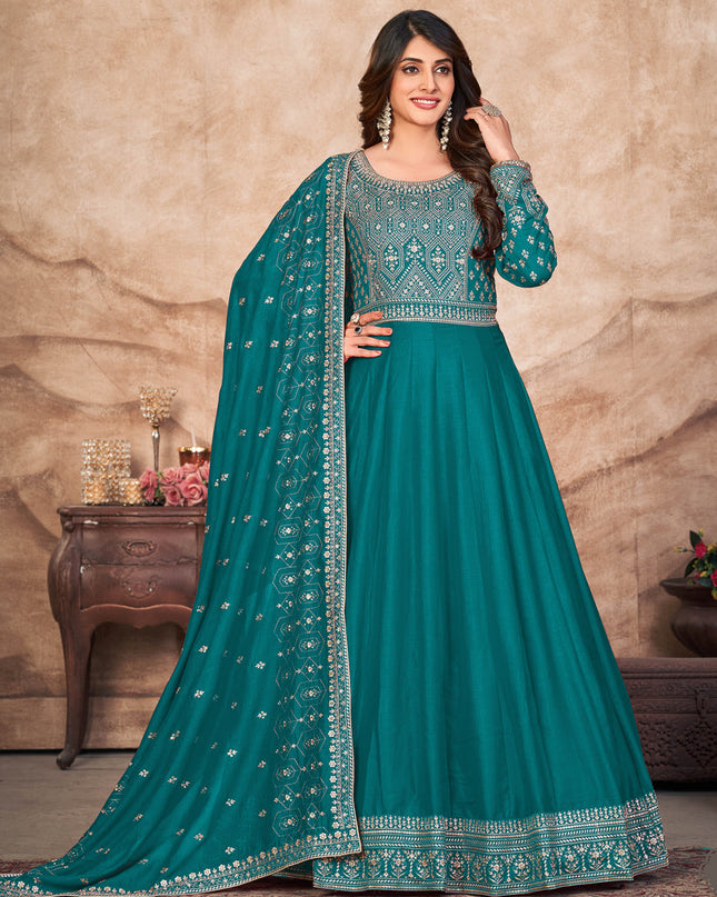 Teal Blue Art Silk Embroidered Anarkali Suit