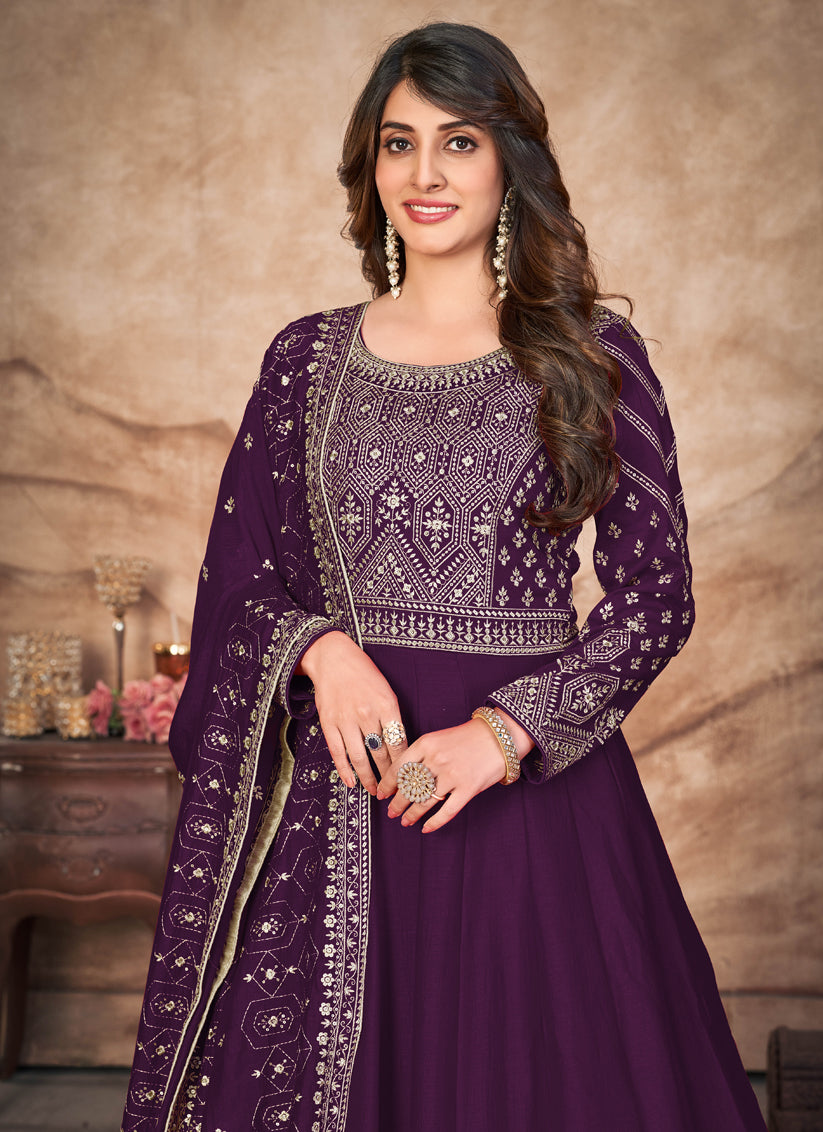 Wine Art Silk Embroidered Anarkali Suit