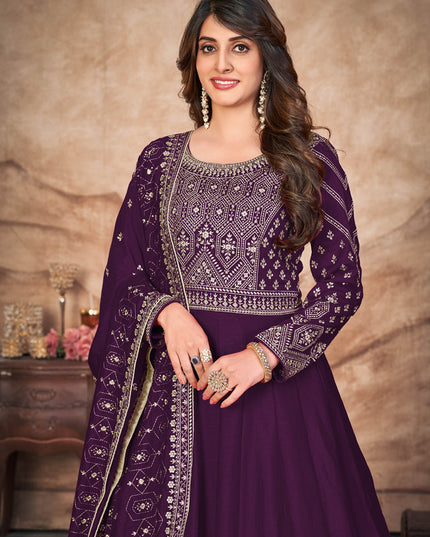 Wine Art Silk Embroidered Anarkali Suit