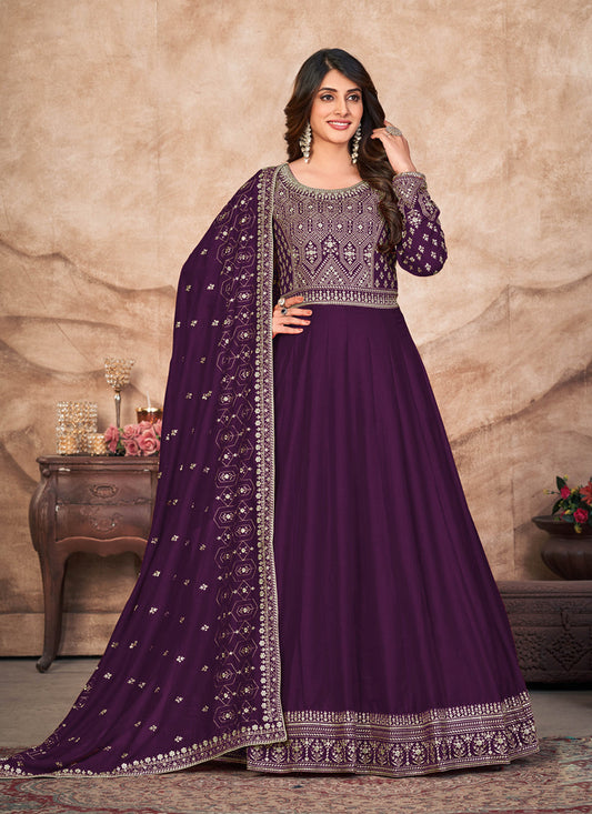 Wine Art Silk Embroidered Anarkali Suit
