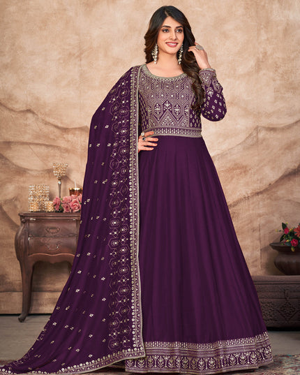 Wine Art Silk Embroidered Anarkali Suit