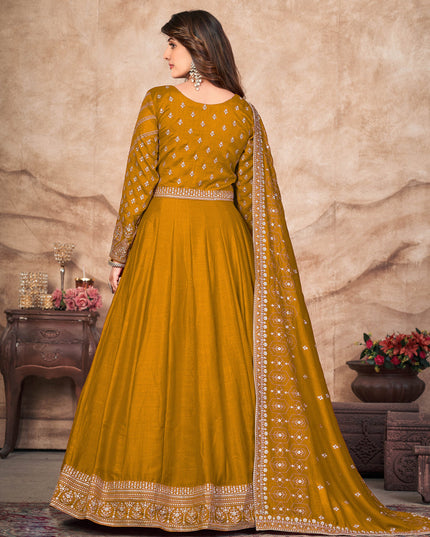 Mustard Art Silk Embroidered Anarkali Suit