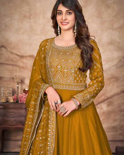 Mustard Art Silk Embroidered Anarkali Suit