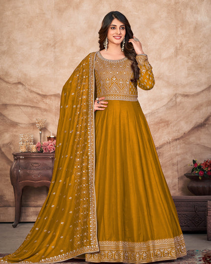Mustard Art Silk Embroidered Anarkali Suit