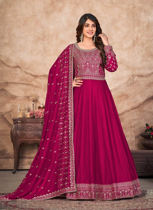 Raspberry Pink Art Silk Embroidered Anarkali Suit