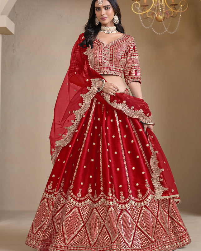 hot red art silk embroidered lehenga choli