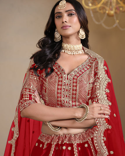hot red art silk embroidered lehenga choli