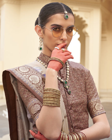 Beige Silk Floral Printed Saree for Festival