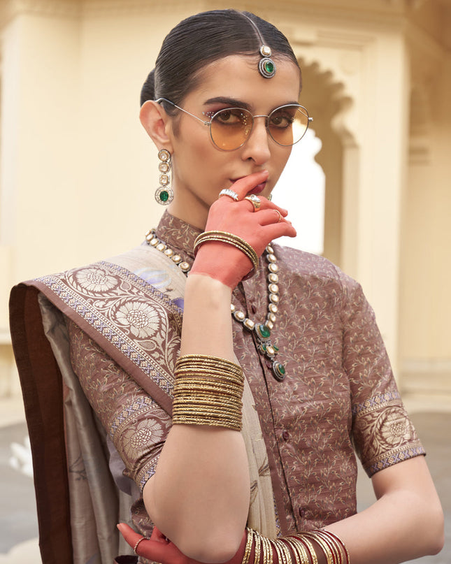 Beige Silk Floral Printed Saree for Festival