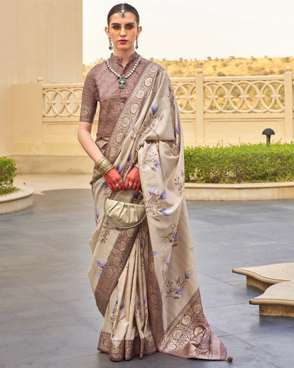 Beige Silk Floral Printed Saree for Festival