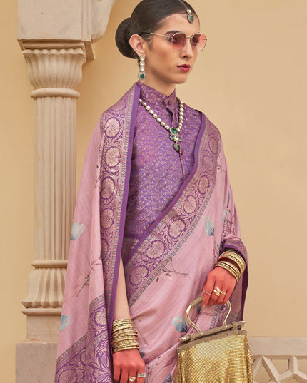 Rose Pink Silk Floral Printed Saree for Festival