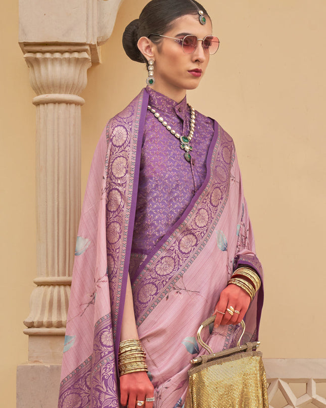 Rose Pink Silk Floral Printed Saree for Festival