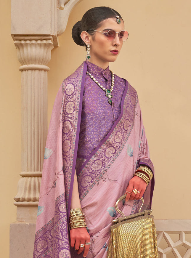 Rose Pink Silk Floral Printed Saree for Festival