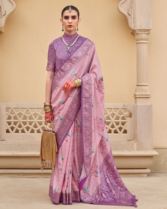 Rose Pink Silk Floral Printed Saree for Festival
