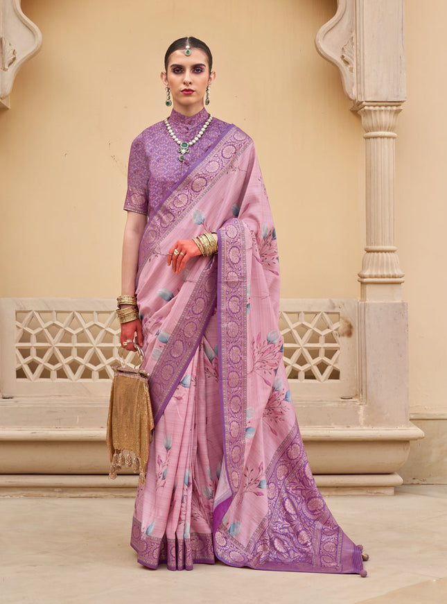 Rose Pink Silk Floral Printed Saree for Festival