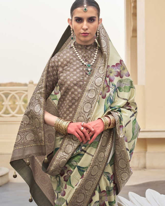 Cream Silk Floral Printed Saree for Festival