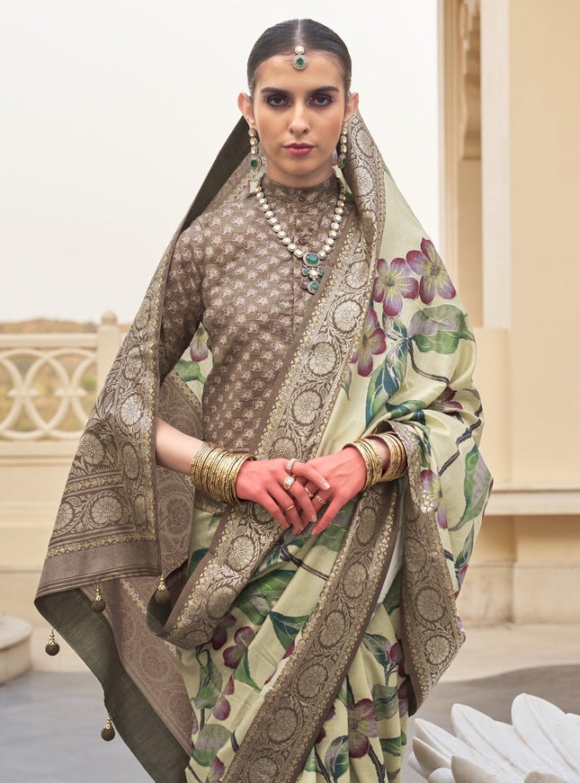 Cream Silk Floral Printed Saree for Festival