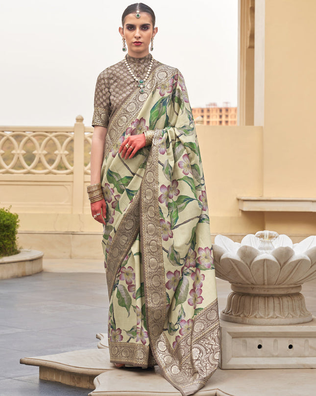 Cream Silk Floral Printed Saree for Festival