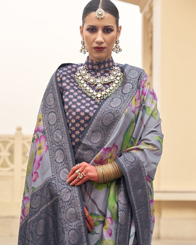 Ash Grey Silk Floral Printed Saree for Festival