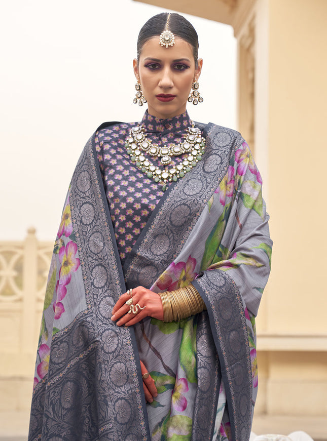 Ash Grey Silk Floral Printed Saree for Festival